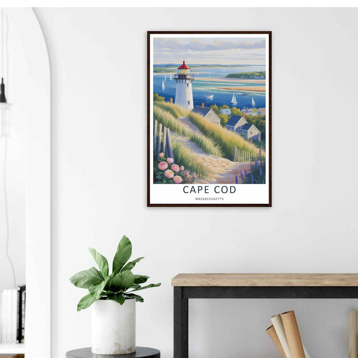 Fine art illustration of a beach path with pink wild roses leading toward a majestic lighthouse in Massachusetts. MapYourDreams wall decor offered in multiple sizes as an unframed print, framed print, or luxury canvas.