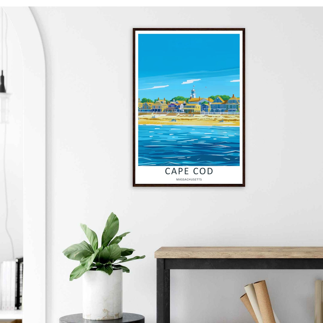 Cape Cod oceanfront view behind a row of wooden beach houses with a white town lighthouse visible in the distance. A scenic nature poster from MapYourDreams, crafted expertly as an unframed print or wood-framed art.