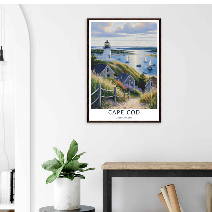 Cape Cod coastal print showing purple flowers and tall beach grass framing a path with a wooden post-and-rope fence toward a lighthouse. High-quality wall decor available in versatile framed, canvas, and unframed print options.