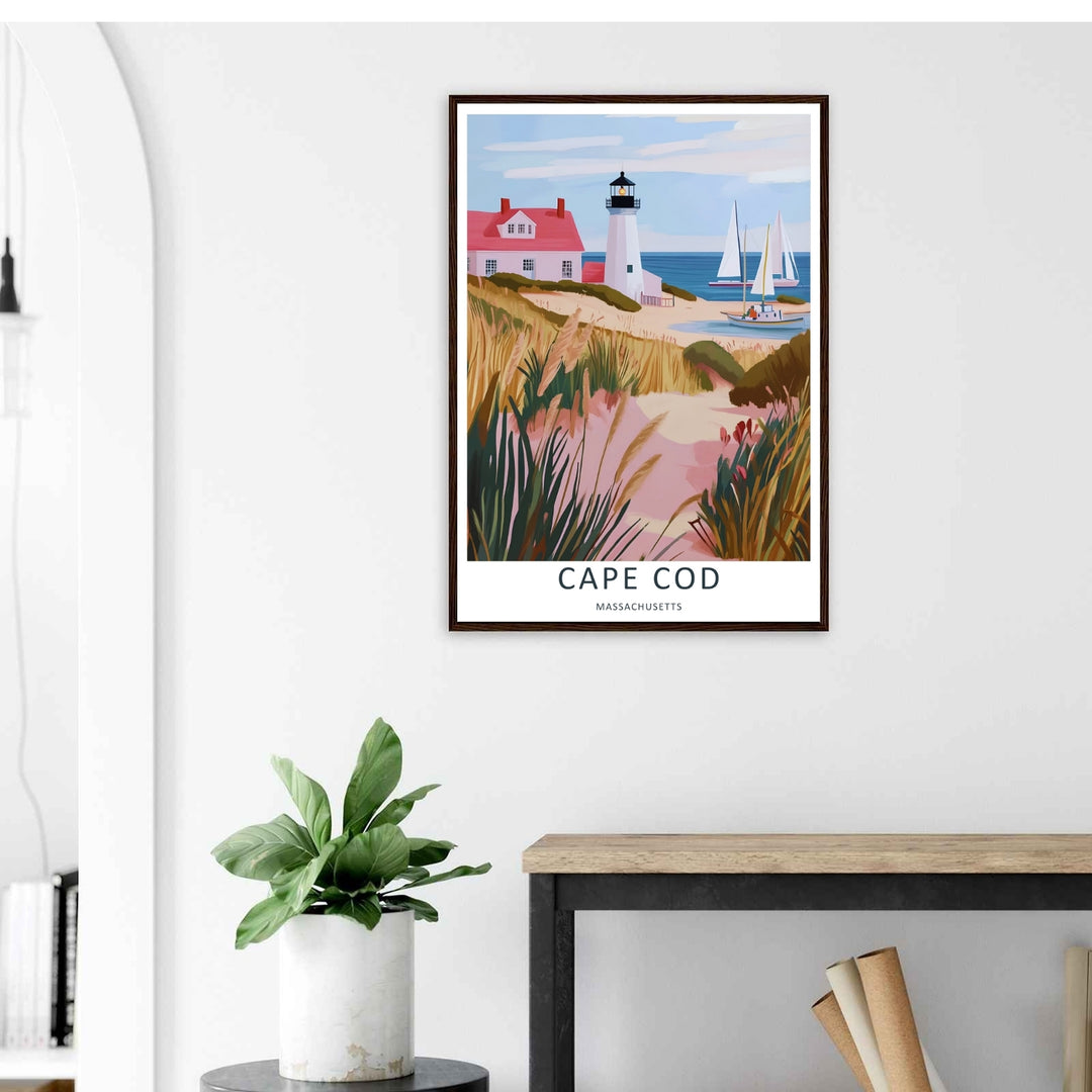Fine art illustration of a beach path with tall grass leading toward a majestic lighthouse and red roof house in Massachusetts. MapYourDreams wall decor offered in multiple sizes as an unframed print or luxury framed print.