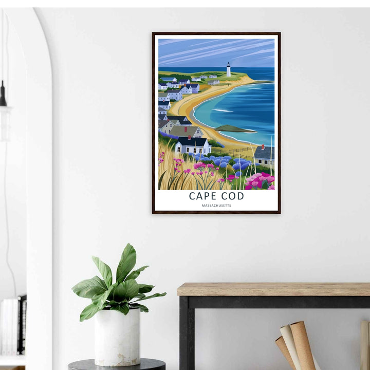 Cape Cod maritime wall art depicting a golden sandy beach curving along deep blue ocean waves in Massachusetts. This MapYourDreams decorative poster can be purchased as a premium canvas wrap or framed poster.