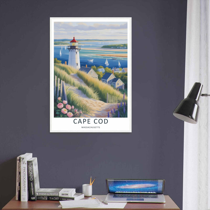 New England maritime wall art featuring traditional cedar shingle seaside cottages tucked into beach grass near a calm blue bay. Available as a gallery canvas wrap, classic unframed print, or sleek framed poster for home decor.