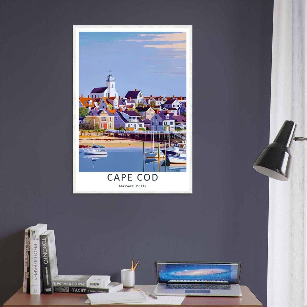 Cape Cod New England wall decor featuring a scenic harbor basin filled with yachts and fishing boats casting water reflections. An elegant poster style piece offered as a framed print, canvas, or poster.