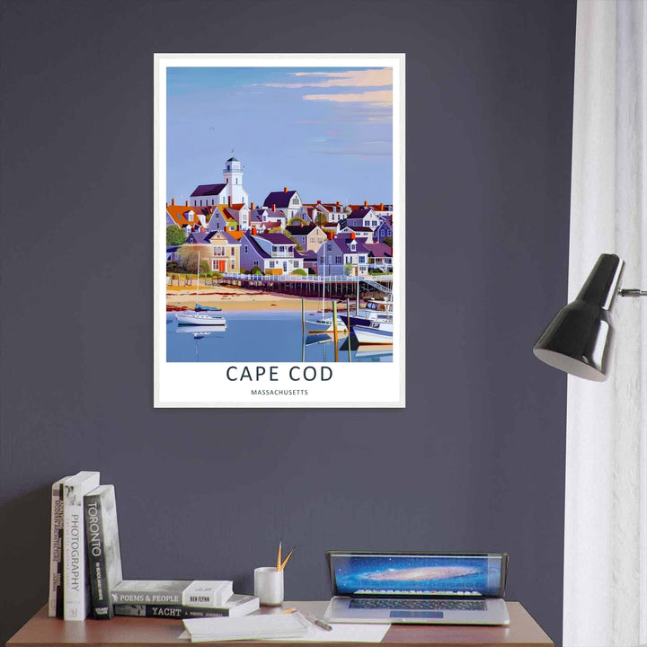 Cape Cod New England wall decor featuring a scenic harbor basin filled with yachts and fishing boats casting water reflections. An elegant poster style piece offered as a framed print, canvas, or poster.