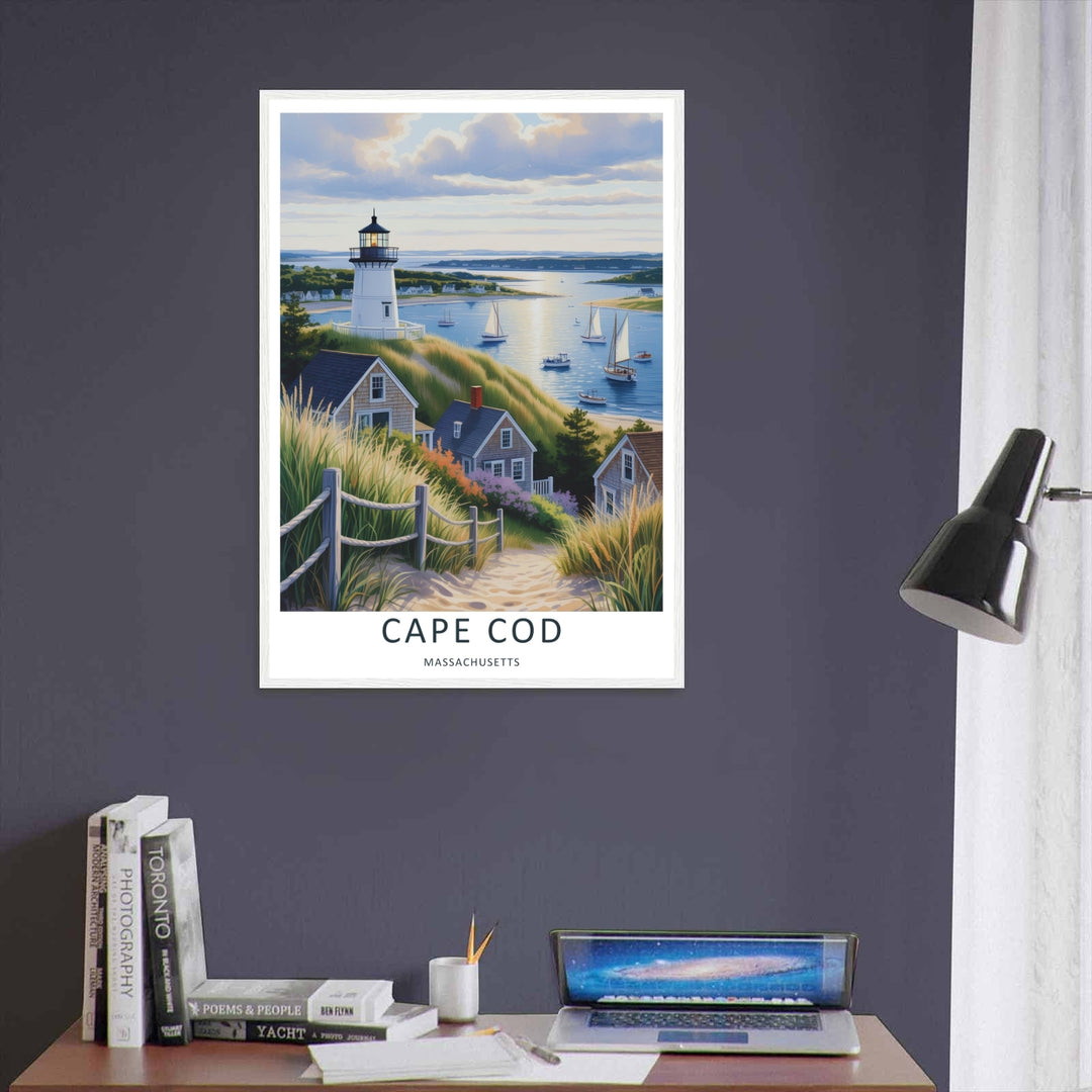 Sailing yachts resting on shimmering blue ocean water near a seaside village in an elegant vector poster design. This beautiful wall art makes an excellent housewarming gift as a canvas print, framed poster, or simple print.