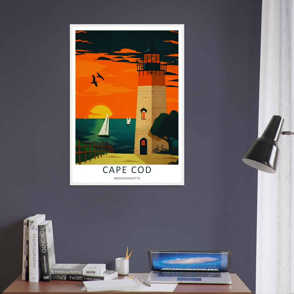 Cape Cod New England wall decor featuring a retro sunset silhouette with sailboats sailing on a deep teal ocean bay. An elegant poster style piece offered as a framed print, canvas, or poster.