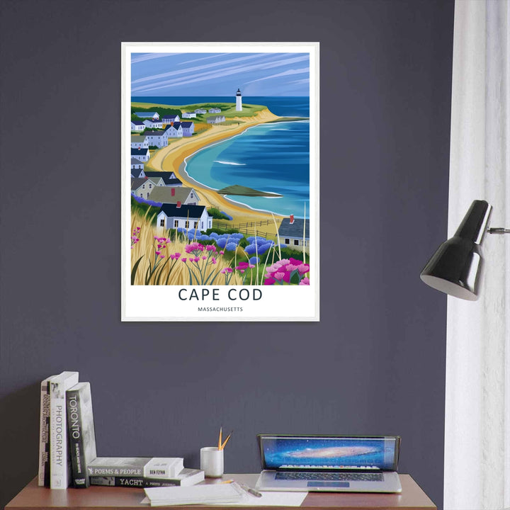 Cape Cod ocean horizon lines behind a lonely white lighthouse on a cliff with beautiful streaked clouds. A scenic nature poster from MapYourDreams, crafted expertly as an unframed print, wood-framed art, or canvas.
