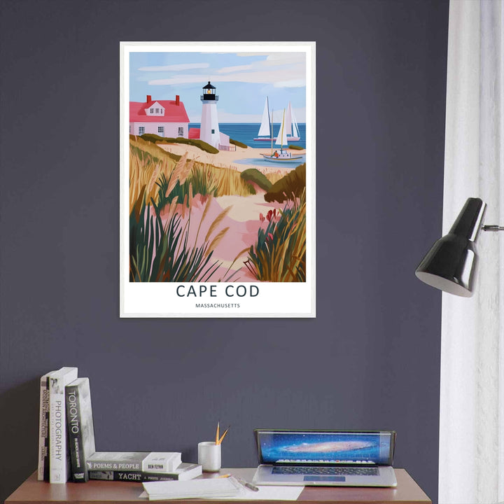 New England maritime wall decor featuring impressionistic beach grass and pink sand dunes leading toward a seaside lighthouse. An elegant poster style piece offered as a framed print or fine art poster.