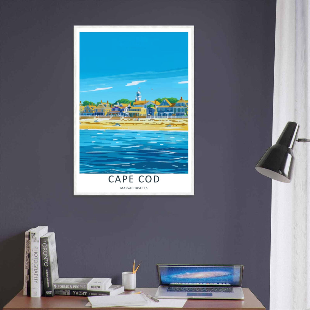 Cape Cod New England wall decor featuring a row of seaside cottages, yellow beachfront inns, and blue town buildings. An elegant poster style piece offered as a framed print or fine art paper poster.