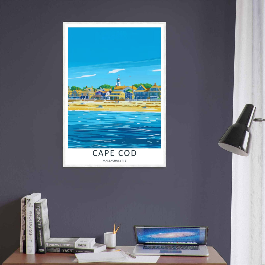 Cape Cod New England wall decor featuring a row of seaside cottages, yellow beachfront inns, and blue town buildings. An elegant poster style piece offered as a framed print or fine art paper poster.