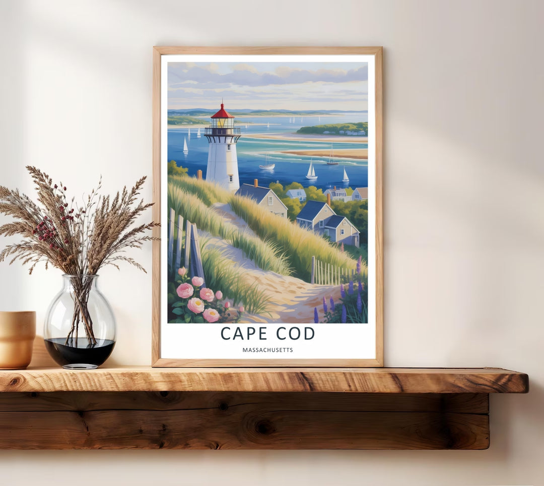 Cape Cod coastal print depicting a path flanked by pink wild beach roses and purple flowers leading toward a historic lighthouse. High-quality wall decor available in versatile framed, canvas, and unframed print options.
