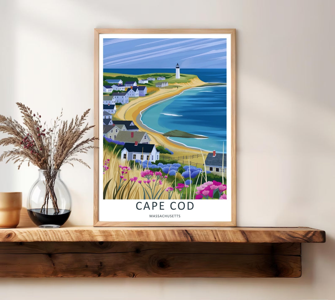 Fine art illustration of a rolling coastal cliff path lined with pink and blue wildflowers looking onto an ocean bay. MapYourDreams wall decor offered in multiple sizes as an unframed print, framed print, or luxury canvas.