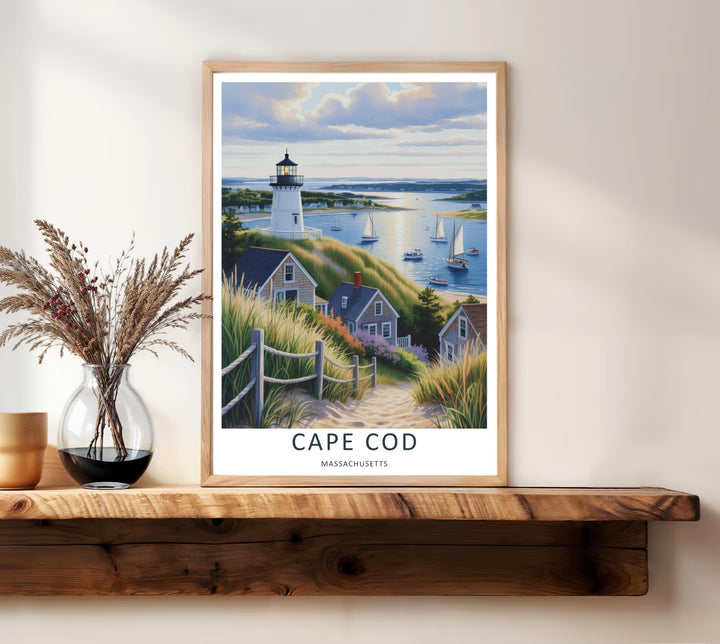 Cape Cod graphic art print showcasing the sandy beach paths, nautical lifestyle, and ocean views of New England. This decorative art print is perfectly suited for modern homes as a framed canvas print or simple paper poster.