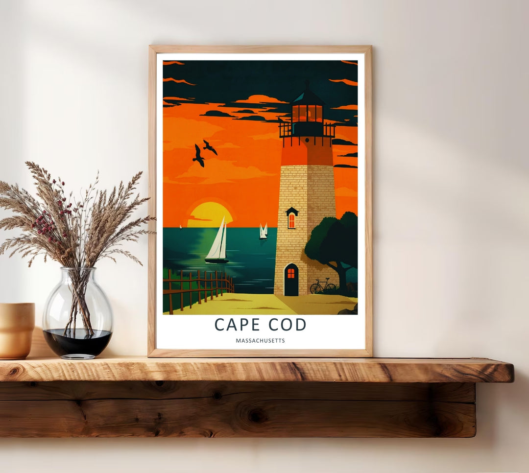 Cape Cod coastal print showing a vintage bicycle parked beneath a tree next to a stone lighthouse at sunset. High-quality wall decor available in versatile framed, canvas, and unframed print options.