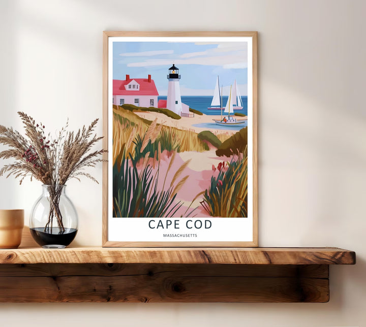 Cape Cod nautical destination art print highlighting the peaceful views of an ocean inlet with a soft painterly texture. Elevate your gallery wall with this MapYourDreams poster available in framed and print formats.
