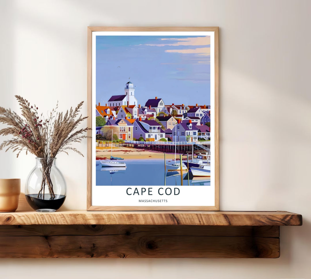 Cape Cod coastal print showing small boats docked in a calm blue marina under a soft lavender-blue sky. High-quality wall decor available in versatile framed, canvas, and unframed print options.