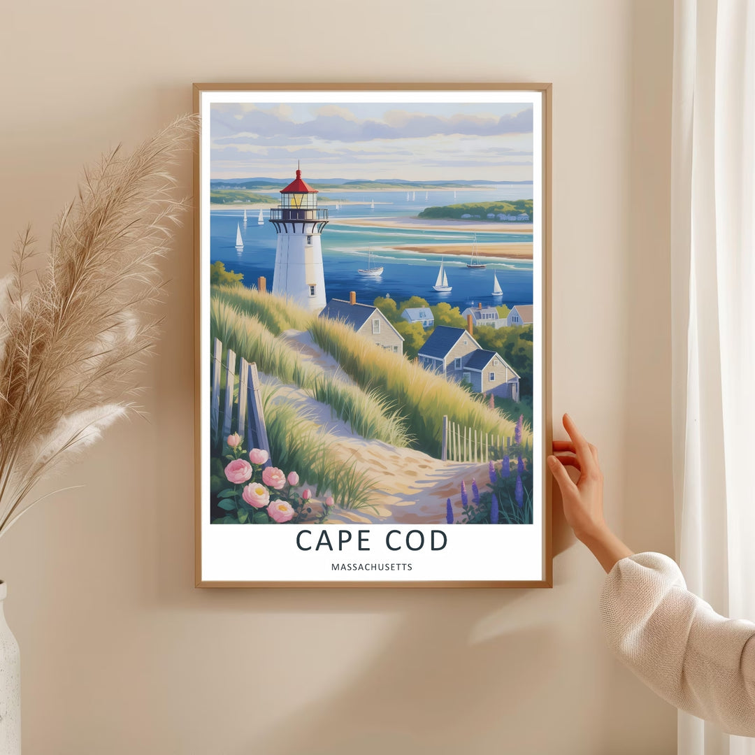 Graphic art travel poster featuring a scenic lighthouse over a grassy sand hill with ocean horizon lines in the background. Designed for modern homes as an elegant canvas print, ready-to-hang framed poster, or standard paper print.