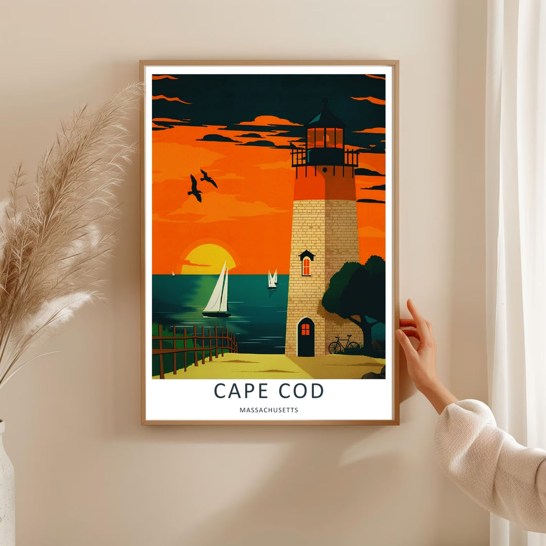 Cape Cod maritime wall art depicting a scenic sunset horizon in Massachusetts with soaring seagulls and a historic lighthouse. This MapYourDreams decorative poster can be purchased as a premium canvas wrap or framed poster.