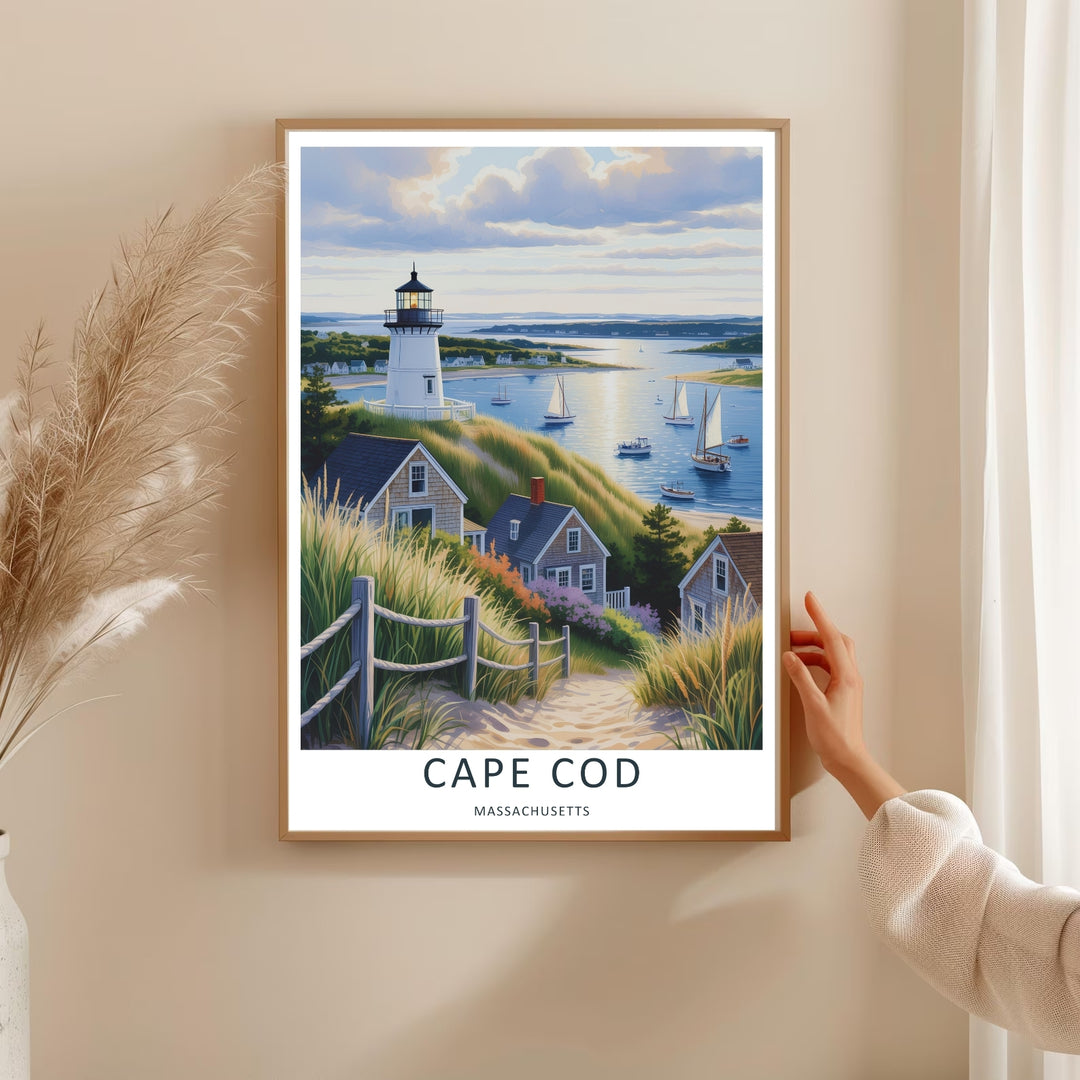 Textured look at a coastal hill covered in green beach grass and a rustic rope fence with an elegant lighthouse beyond. A striking nature art print available from MapYourDreams as an unframed poster, framed art, or canvas.