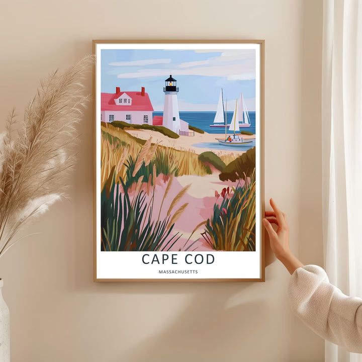 Massachusetts nature travel poster illustrating a historic lighthouse keeper house with a red roof on a sunny afternoon. A timeless coastal scene available from MapYourDreams as an unframed poster or custom framed print.