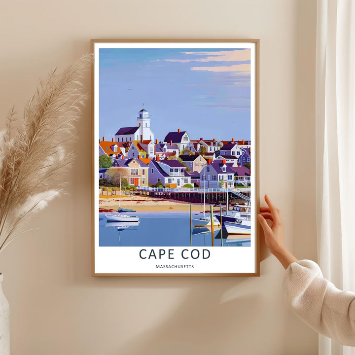 Cape Cod maritime wall art depicting a wooden boardwalk pier alongside a crowded coastal village skyline in Massachusetts. This MapYourDreams decorative poster can be purchased as a premium canvas wrap or framed poster.