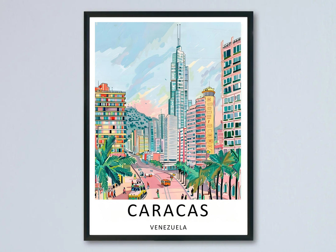 Vertical mid-century modern travel poster of Caracas, Venezuela, showing a bright peach city boulevard lined with tropical green palm trees leading toward a dense, colorful skyscraper skyline.