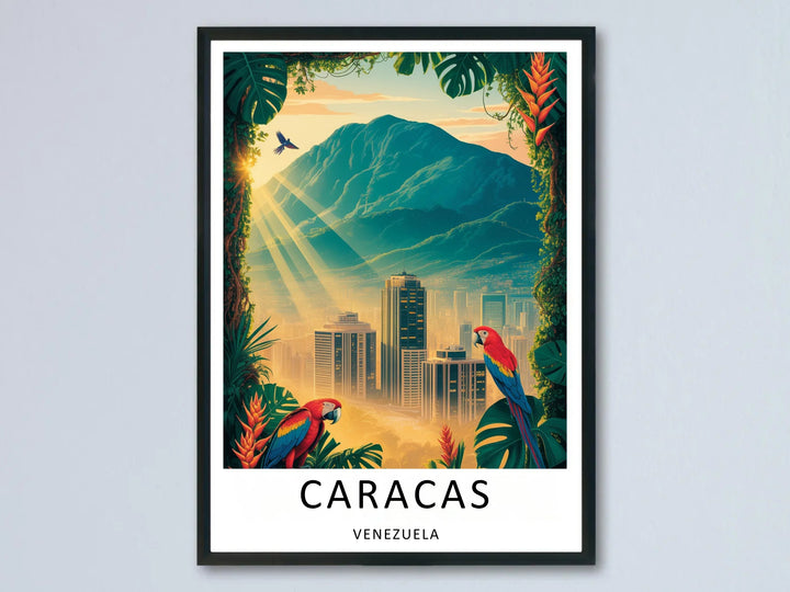Vertical mid-century modern travel poster of Caracas, Venezuela, featuring the distinct ridge of Cerro El Avila mountain rising above the iconic towering skyscrapers of the Parque Central complex.