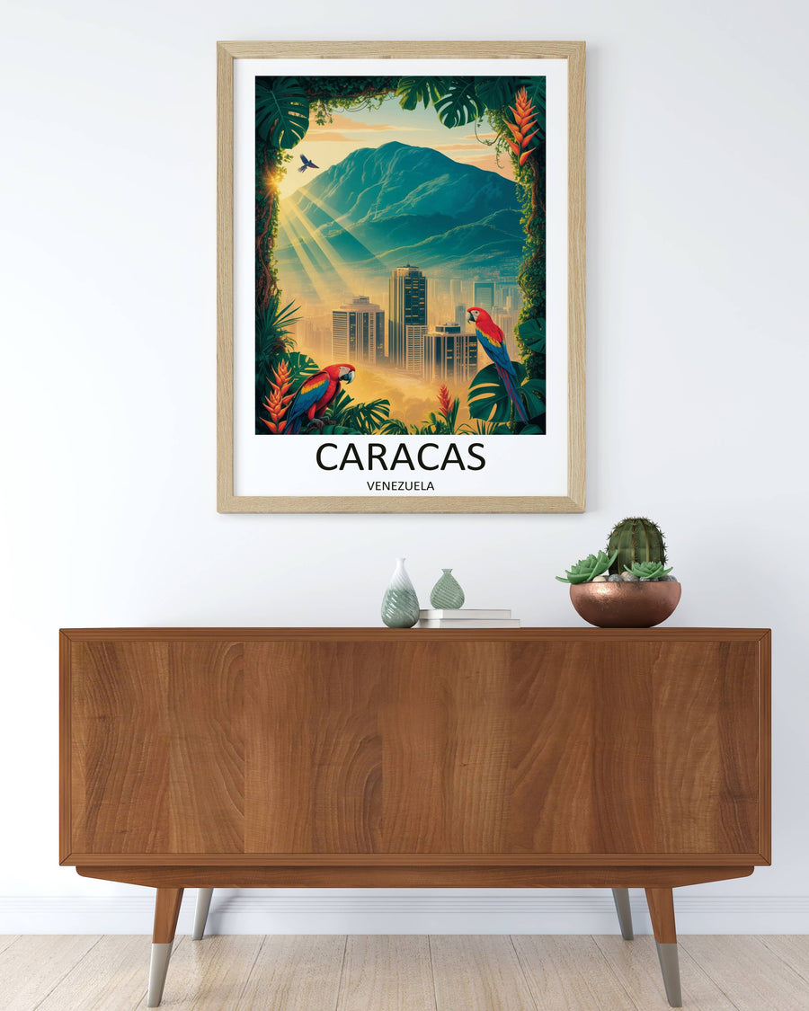 Vibrant vector art print of Caracas, Venezuela, highlighting two highly detailed red, blue, and yellow macaws perched on exotic jungle foliage in the foreground under a warm, glowing afternoon sky.