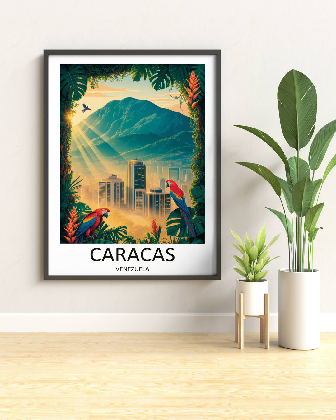 Exotic nature and cityscape art piece of Caracas, displaying an incredible sense of depth with sharp foreground leaves, a sun-lit high-rise downtown, and a massive towering mountain backdrop.