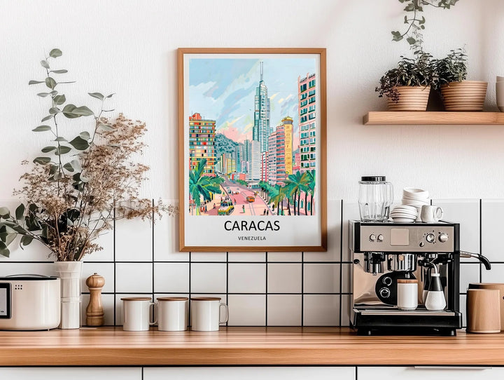 Stylized gouache and marker architectural illustration of a bustling Caracas avenue, complete with vintage tiny transit buses and pedestrians walking among tall, detailed tropical palm trees.