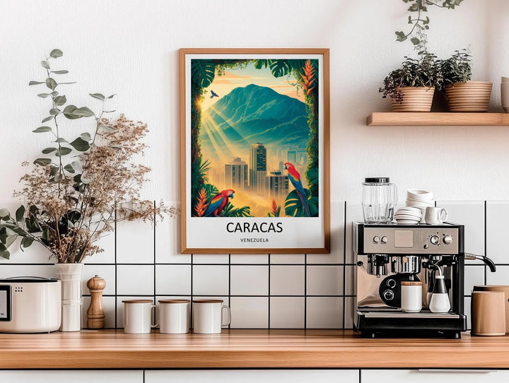 Vintage-inspired travel poster art of Caracas, displaying a premium graphic design with crisp high-contrast shadows, rich organic jungle elements, and clean architectural lines in the center.