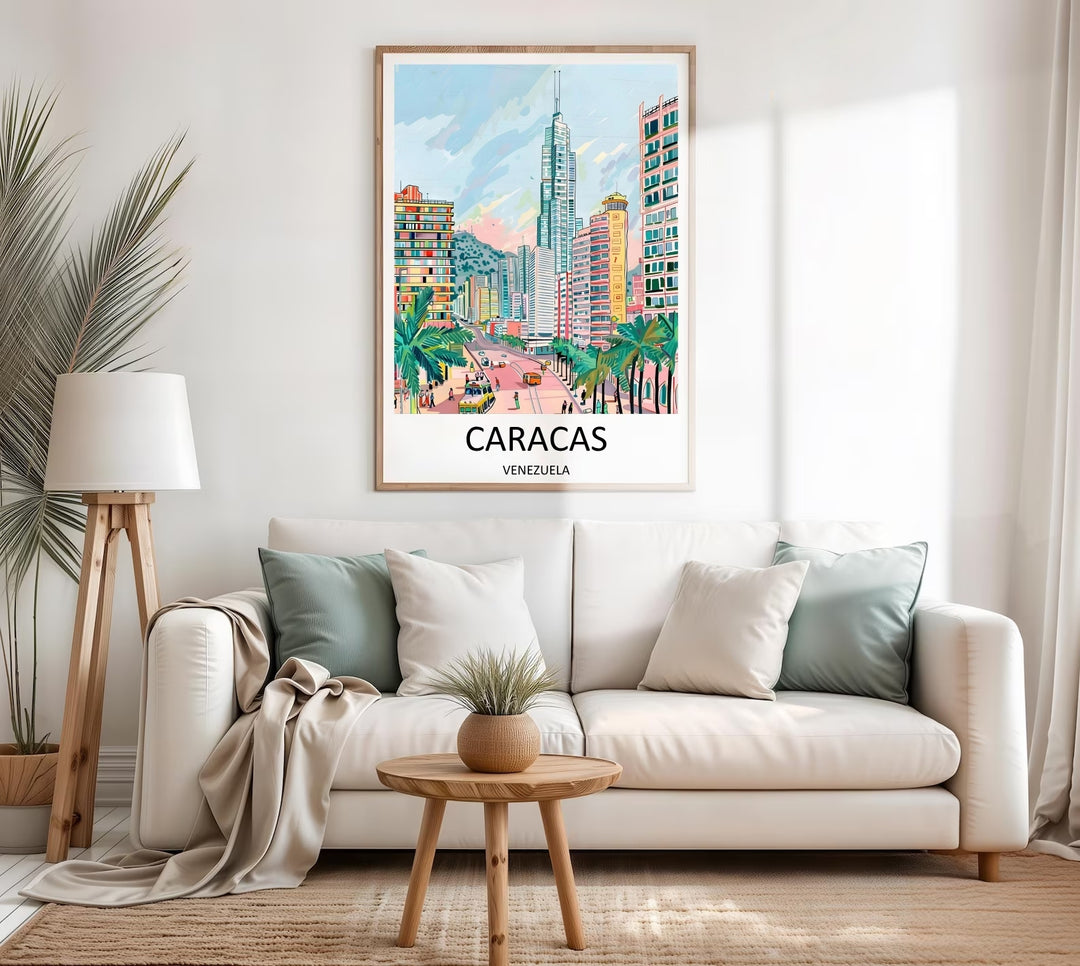 Sun-drenched Caracas Venezuela canvas print featuring a light afternoon glow over modern geometric city architecture and a detailed tropical botanical border stretching across the foreground.