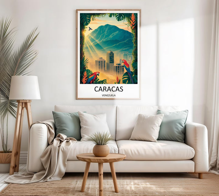 High-contrast Venezuelan skyline poster illustration featuring the mist-covered valley of Caracas, bold structural high-rises, free-flying macaws, and a beautiful, glowing golden-hour aesthetic.