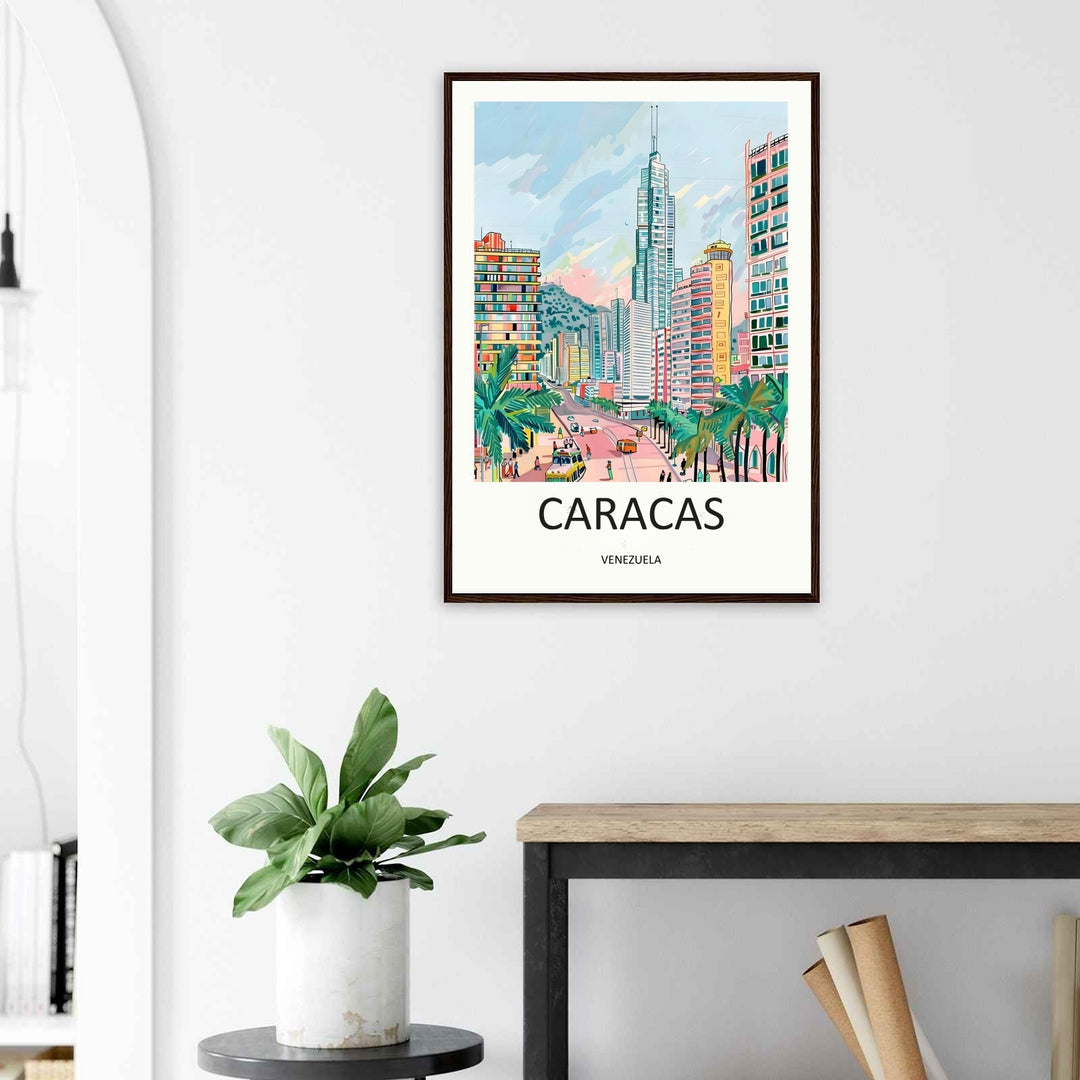Retro vector art print of the Caracas cityscape under a light blue sky with stylized clouds, highlighting a massive central modern high-rise skyscraper tower surrounded by soft rolling hills.