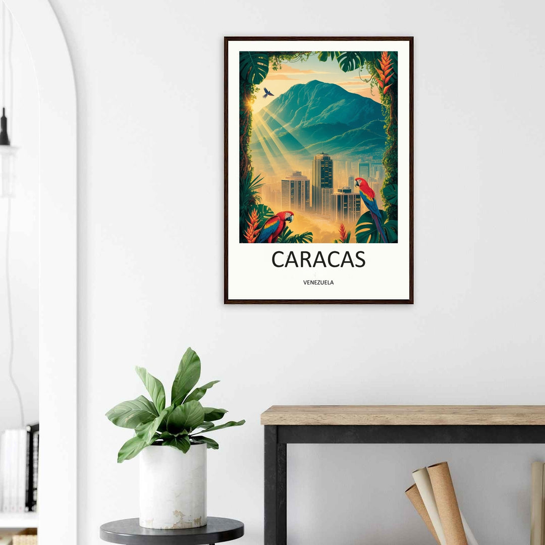 Decorative urban landscape art of Caracas with its famous guacamaya parrots, a detailed valley horizon, and a majestic mountain peak under soft orange and teal cloud tones for premium home decor.
