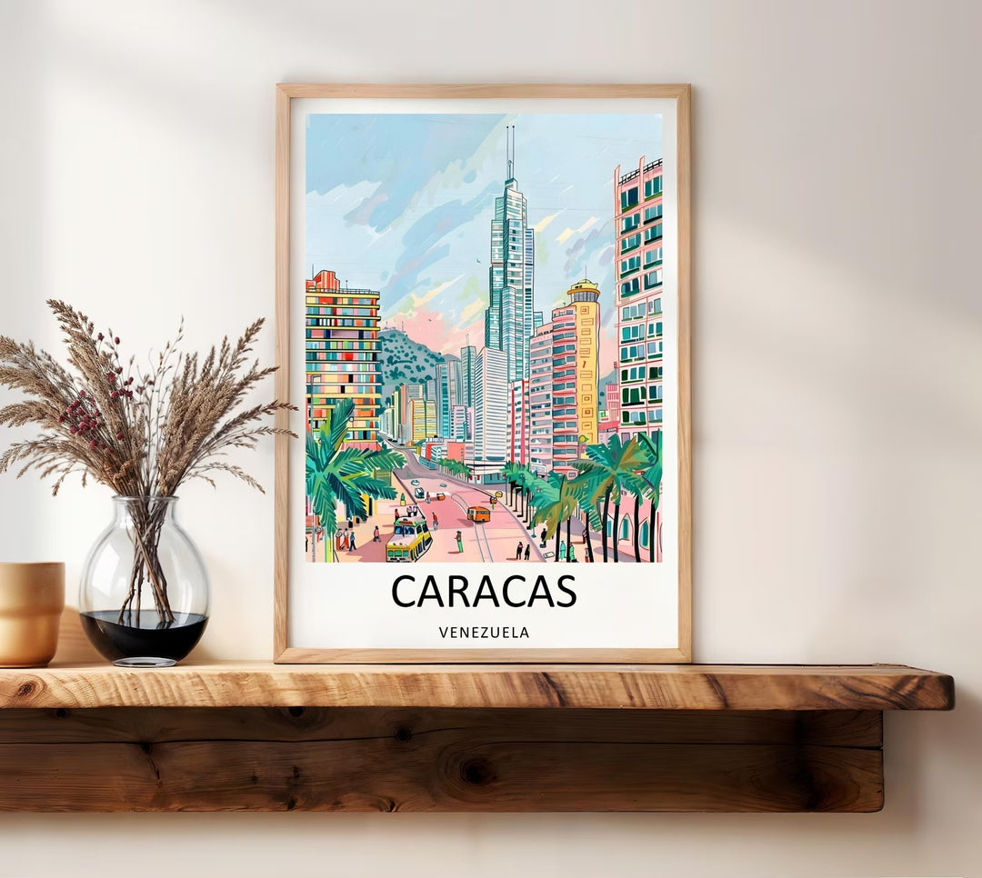 Minimalist Caracas travel gift poster showcasing a stylized urban avenue, geometric mid-century high-rises, and green mountain ridges rolling into the background of a sun-drenched city valley.
