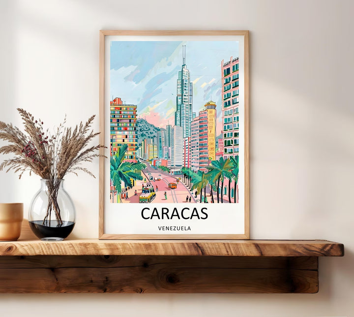Minimalist Caracas travel gift poster showcasing a stylized urban avenue, geometric mid-century high-rises, and green mountain ridges rolling into the background of a sun-drenched city valley.