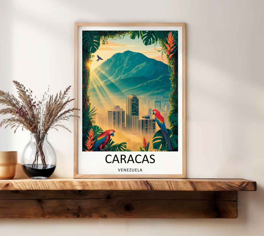 Minimalist Caracas travel gift poster showcasing a majestic mountain silhouette, iconic mid-century skyscraper architecture, and rich tropical birds framed by an overgrown jungle canopy border.