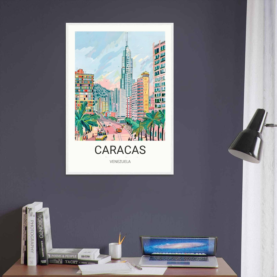 Vintage-inspired travel poster art of Caracas downtown core, displaying a flat graphic illustration design with crisp black sketchy outlines and clean, bright, retro pastel color blocks.