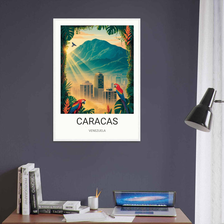 Sun-drenched Caracas Venezuela canvas print featuring dramatic crepuscular sun rays shining over a dense urban skyline, deep green mountain slopes, and beautiful tropical botanical framework.