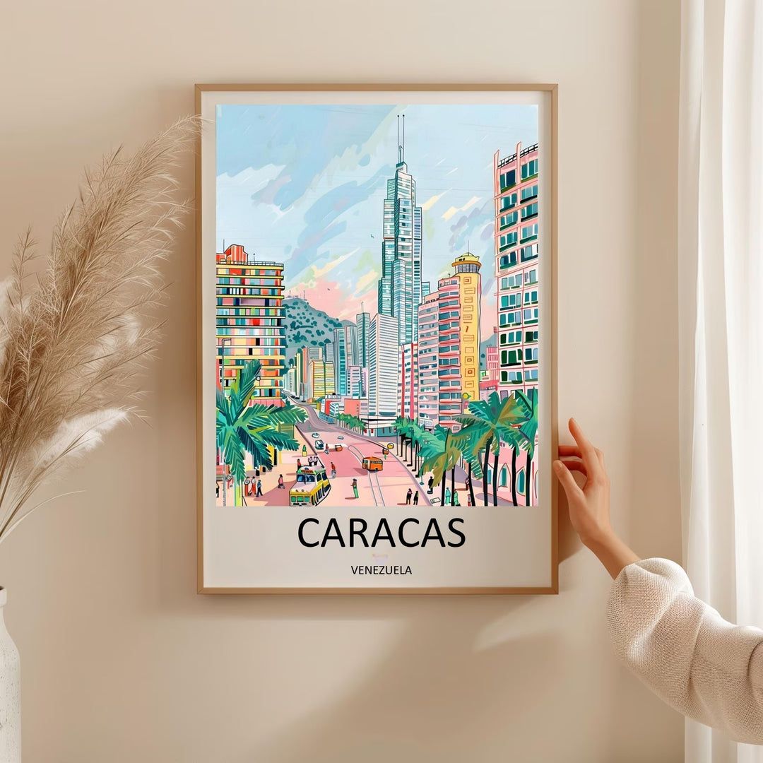 Decorative urban wall art of the Caracas skyline with highly organized geometric apartment buildings, tall palms, and a clear architectural aesthetic perfect for a modern home gallery wall.