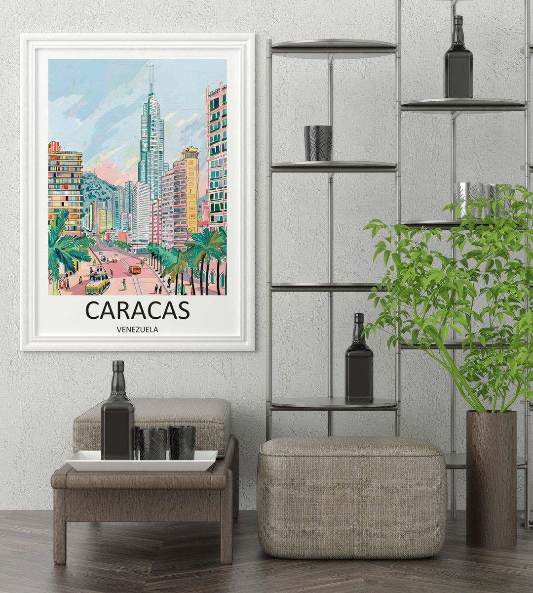 Colorful tropical city wall art print displaying the urban landscape of Caracas, featuring stylized geometric apartment buildings in vibrant shades of mint green, coral pink, and pastel yellow.