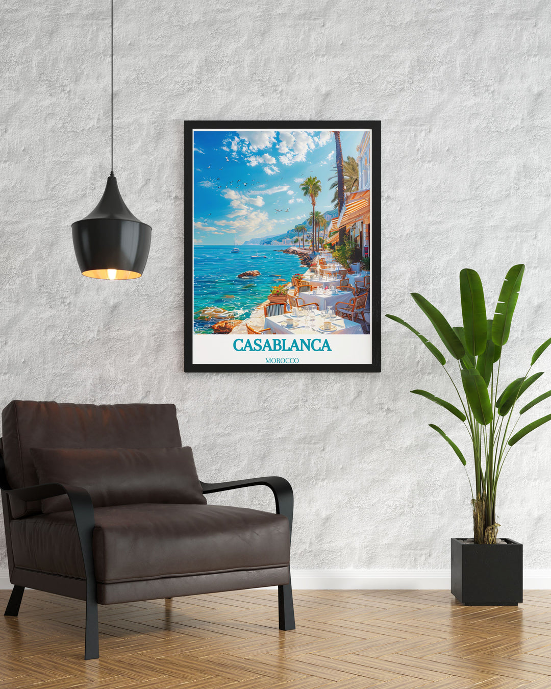 Decorative Casablanca artwork featuring the majestic Hassan II Mosque against a sunset, bringing Moroccan beauty into your living space.