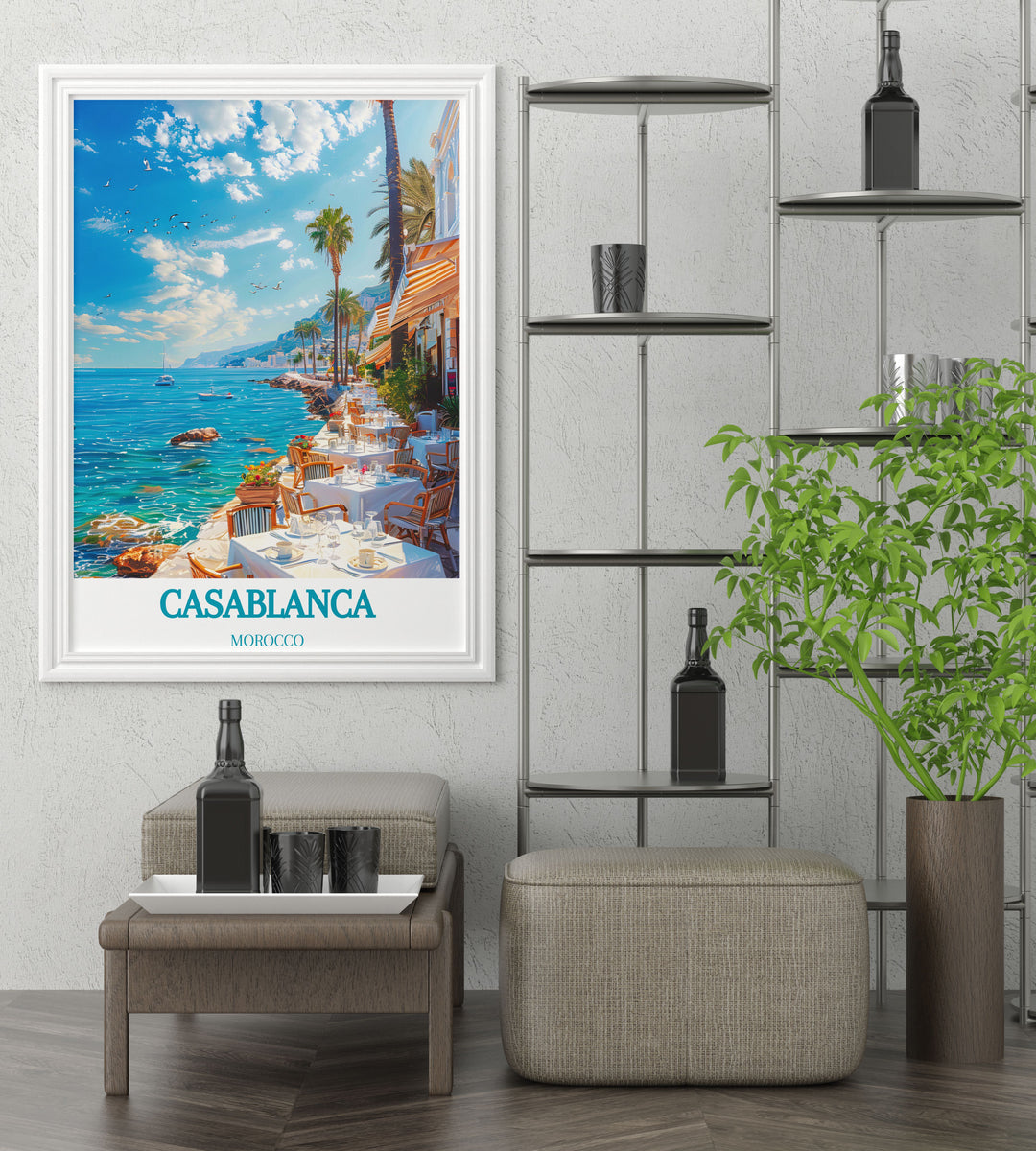 Stunning visual portrayal of Casablanca's streets, alive with color and history, captured in a high-quality art print for home decor.