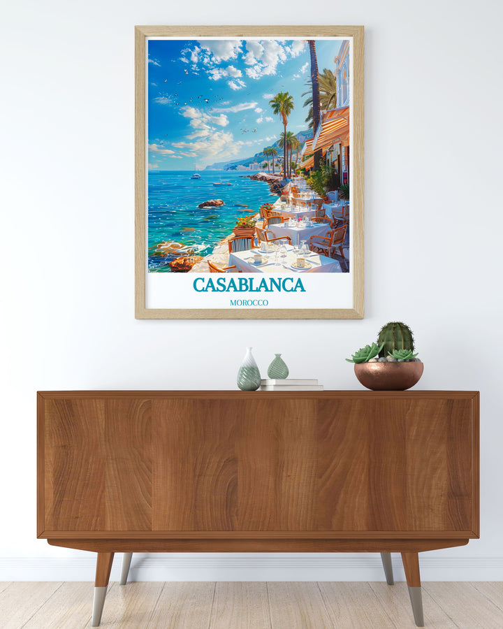 Casablanca poster depicting the charm of Moroccan markets and coastal views, a perfect gift for collectors and travel enthusiasts.