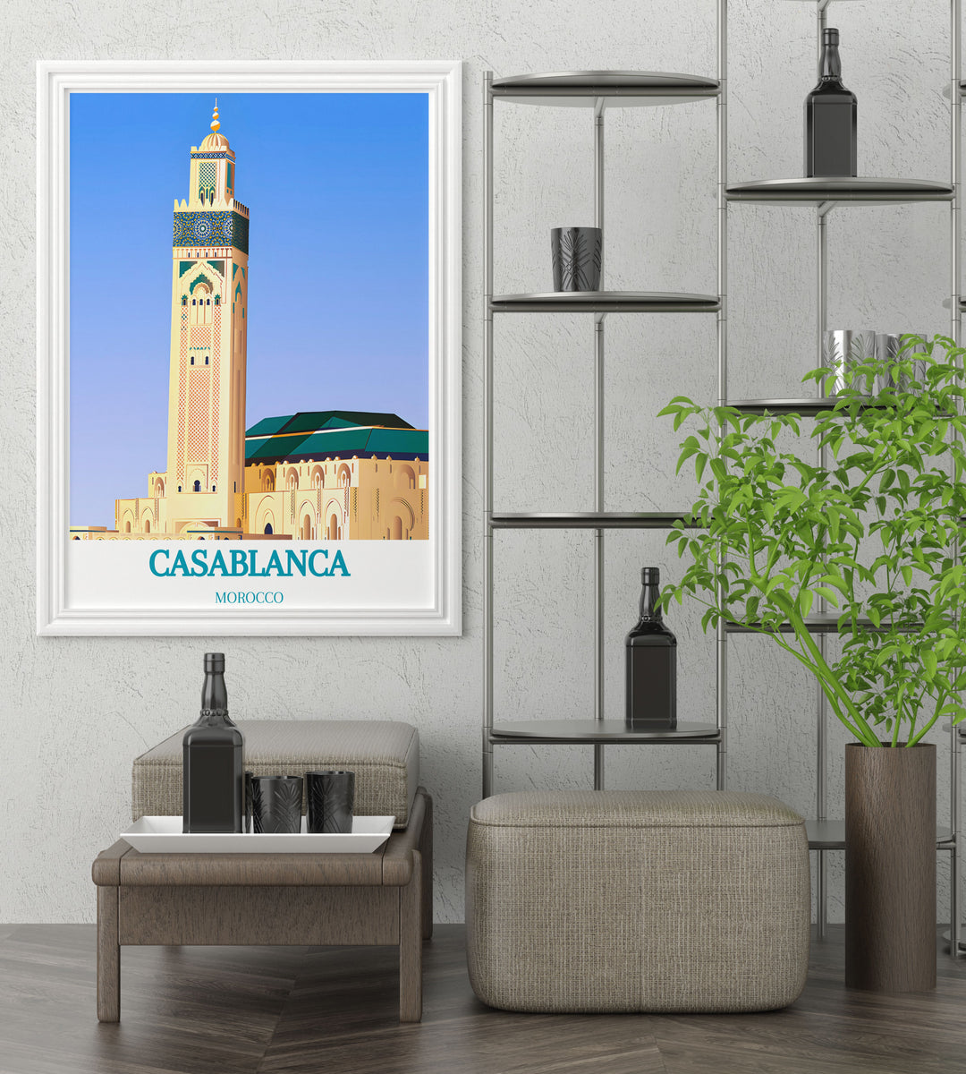 Elegant art print of Casablanca, showcasing the city’s unique blend of modernity and tradition, ideal for sophisticated home decor.