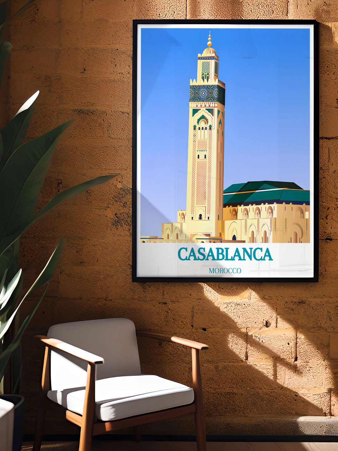 Captivating view of Casablanca’s coastline and urban landscape in a detailed art print, ideal for bringing a piece of Morocco to your home.