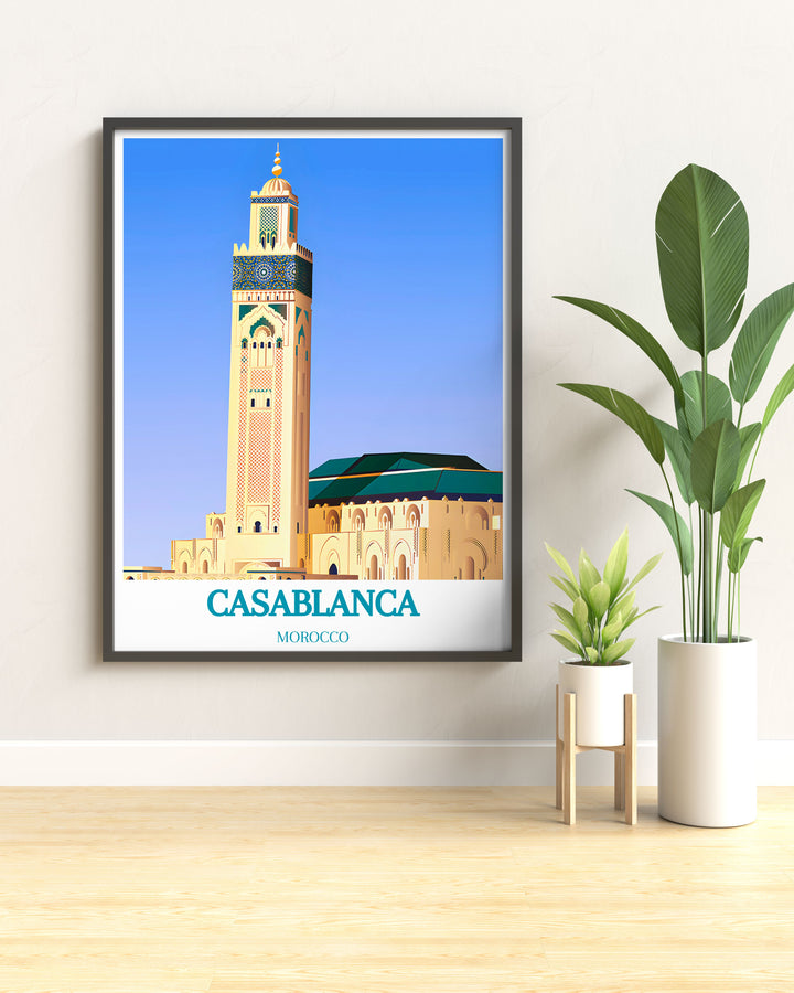 Casablanca poster featuring the famous Hassan II Mosque set against a dramatic sky, a stunning addition to any art collection.