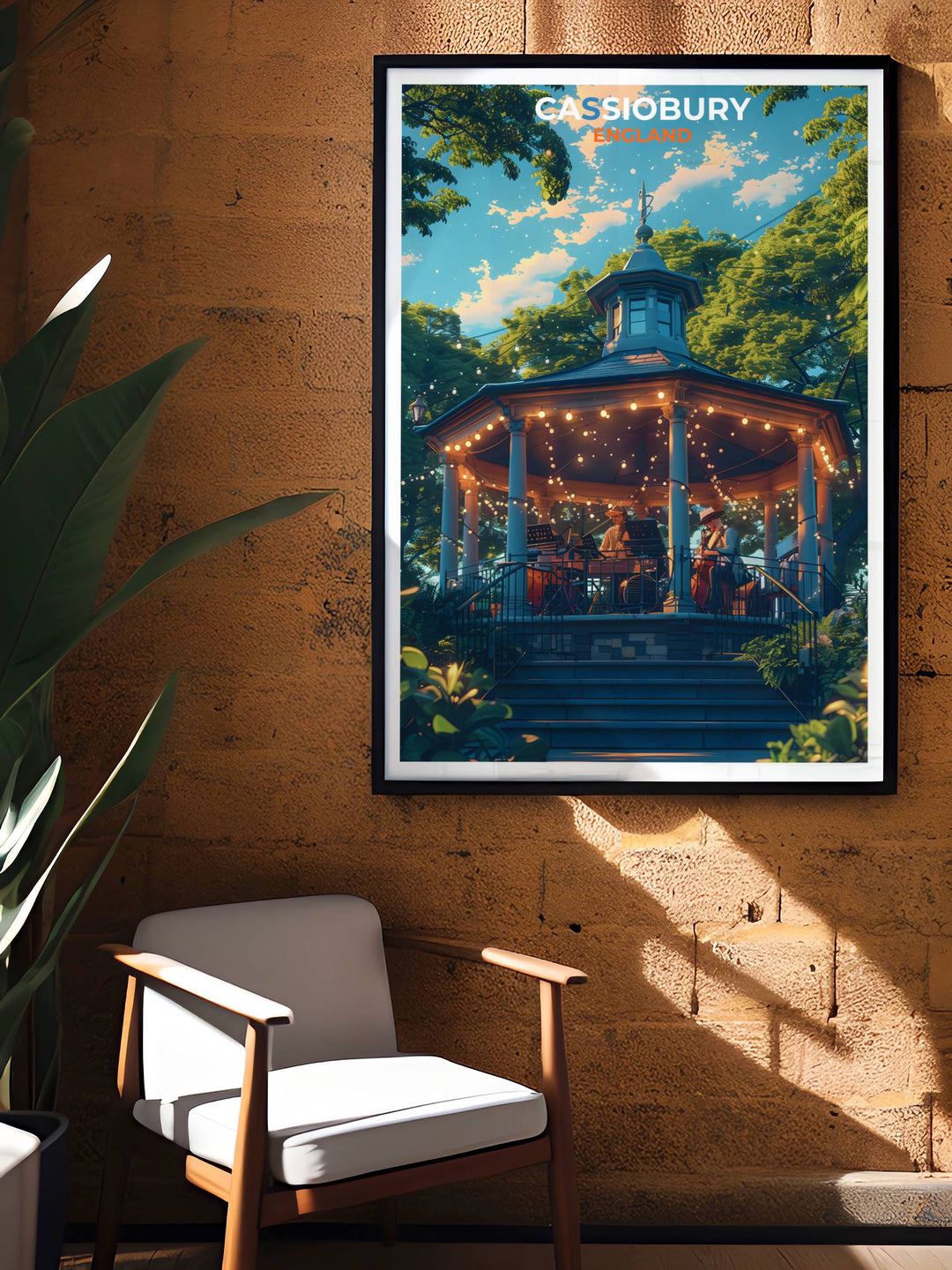 Artists playing near Cassiobury Park Bandstand on a sunny day, captured in a cheerful and vibrant framed print