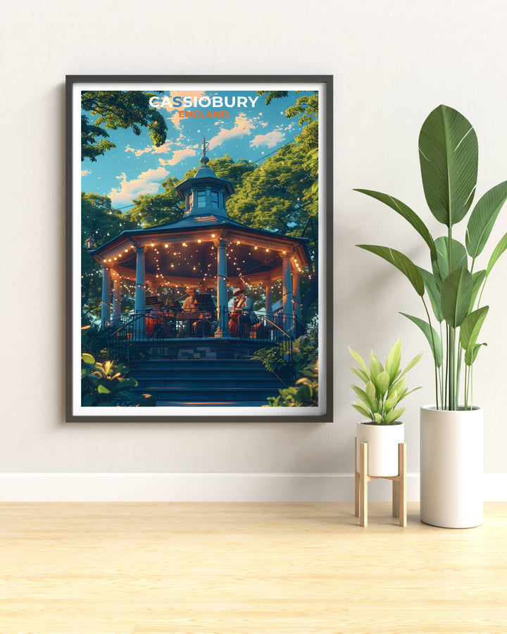 Cassiobury Park Bandstand illuminated by evening lights, reflecting on the surrounding water, showcased in a stunning art print